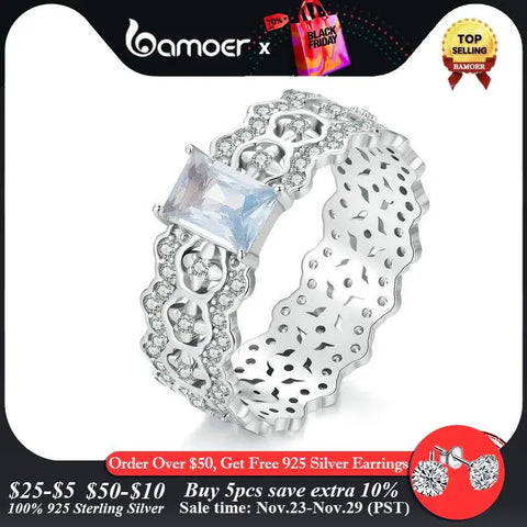 BAMOER 925 Sterling Silver Dainty CZ Lace Ring Platinum Filled Chunky Simple intricate texture Elegant Band