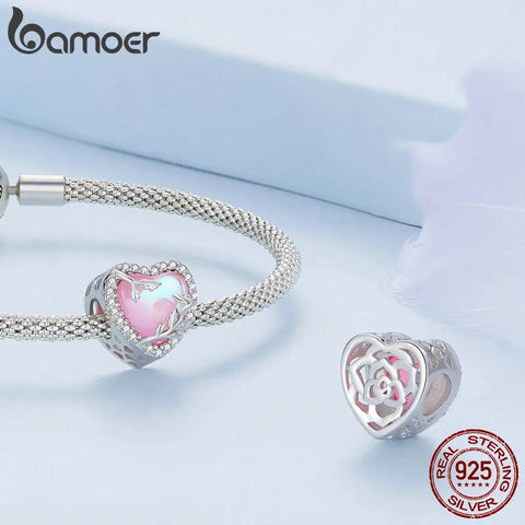 Bamoer 925 Sterling Silver Pink Guardian Heart Hanging Bead Hollow Rose Rivet Love Charms for Women Bracelet and Necklace DIY