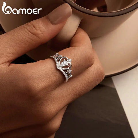 BAMOER 925 Sterling Silver Delicate Crown Ring Brilliant Zircon Heart Finger Ring for Women Girl Wedding Engagement Fine Jewelry