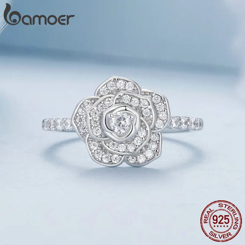 Bamoer 925 Sterling Silver Luxury Flower Ring Delicate Clear Rose Ring Pave Setting CZ for Women Fine Jewelry Gift