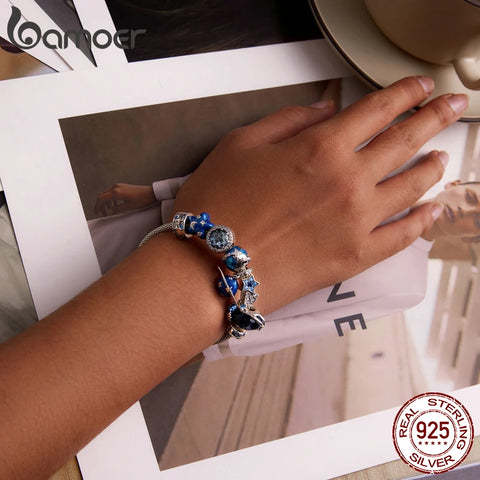 Bamoer 925 Sterling Silver Universe Series Star & Moon Beads Blue Planet Pendant Charms for Women Bracelet DIY Fine Jewelry Gift