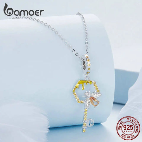 Bamoer 925 Sterling Silver Honeycomb and Bee Pendant Charms Key Hanging Bead for Women Original Bracelet and Necklace Jewelry
