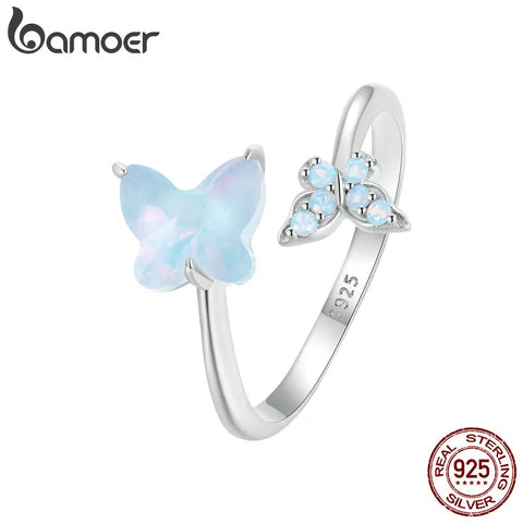 BAMOER Solid 925 Sterling Silver Butterfly Adjustable Open Ring Birthday Jewelry Gifts for Women Girls SCR982-E