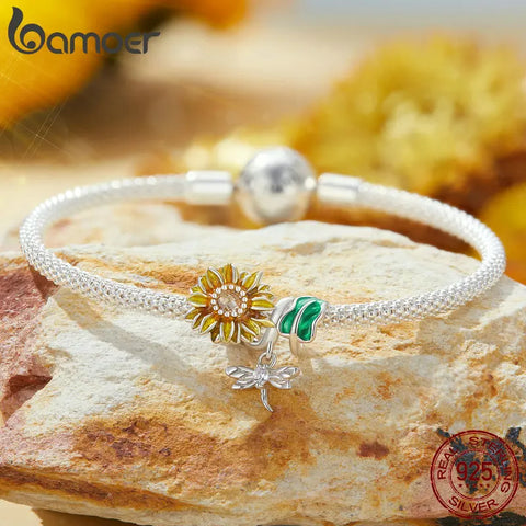 Bamoer 925 Sterling Silver Enamel Sunflower Beads Dragonfly Silica Gel Safety Chain for Women Bracelet and Bangle DIY