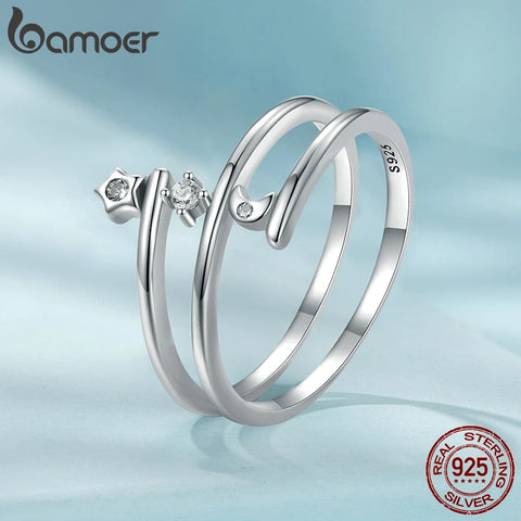 Bamoer 925 Sterling Silver Trendy Multi-layered Stars and Moon Ring Original Design Fine Jewelry Gift for Women Party