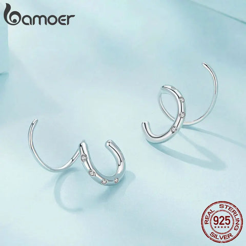 Bamoer 925 Sterling Silver Geometric Line Earrings Double Circle Stud Earrings for Women Original Design Fine Jewelry Gift