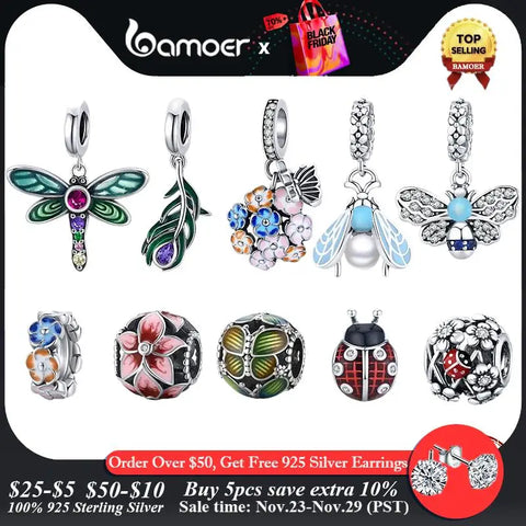 bamoer Authentic 925 Sterling Silver Shiny Dragonfly Charm for Original Silver DIY Bracelet or Bangle jewelry Make beads SCC1706