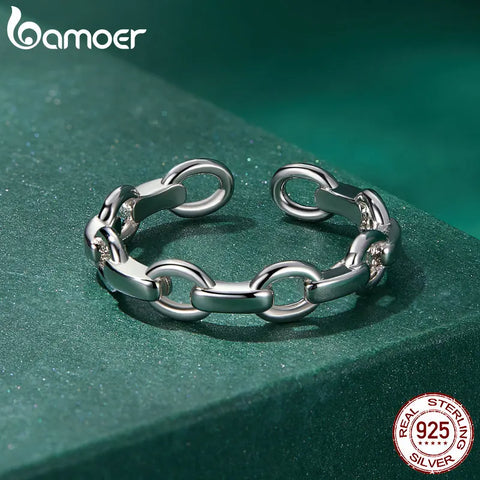 Bamoer 925 Sterling Silver Metal Chain Adjustable Ring for Women Silver Fashion Lock Chain Ring Statement Band Jewelry BSR274