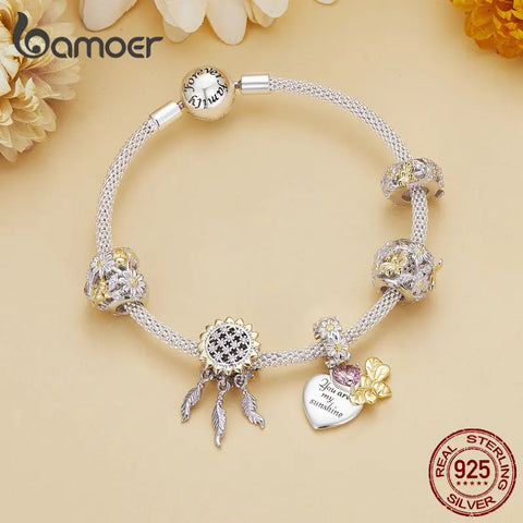 Bamoer 925 Sterling Silver Daisy Heart Beads Sunflower Pendant Charms for Women Bracelet and Necklace DIY Fine Jewelry