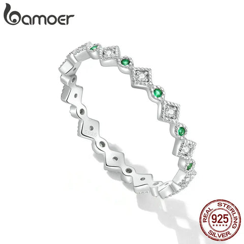 Bamoer 925 Sterling Silver Simple Stackable Shiny Zircon Ring for Women Fine Jewelry Geometric Promise Ring Bridal Gift BSR266