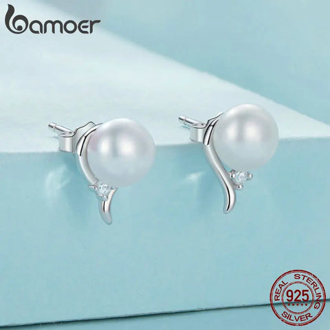 BAMOER 925 Sterling Silver AAA+ Cubic Zirconia Quality Handpicked Freshwater Cultured Stud Button Pearl Earrings