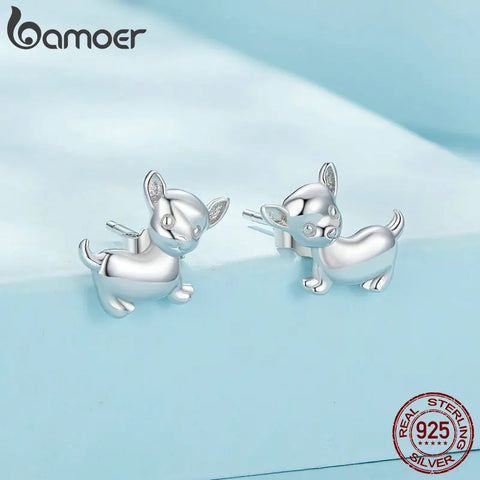 Bamoer 925 Sterling Silver Cute Chihuahua Stud Earrings Lovely Dog Platinum Plated Earrings for Women Party Fine Jewelry