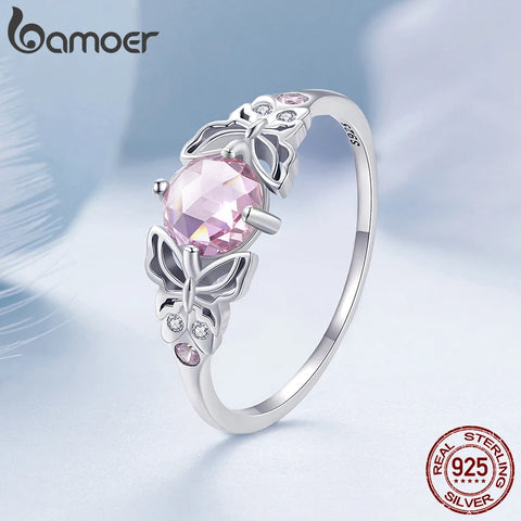 Bamoer 925 Sterling Silver Pink Stone Hollow-out Butterfly Finger Ring Pave Setting CZ for Women Birthday Gift Fine Jewelry