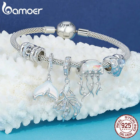 Bamoer 925 Sterling Silver Ocean Series Jellyfish Pendant Charms Fish Tail Beads for Women Bracelet & Necklace DIY Fine Jewelry