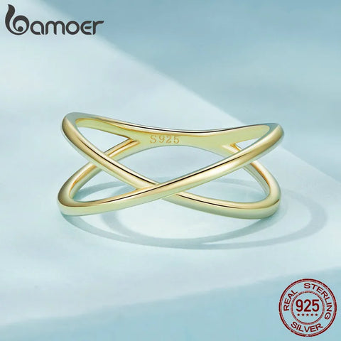 BAMOER 14K Gold Plated X Ring Dainty Minimalist 925 Sterling Silver Cross Ring for Women Promise Jewelry SCR543