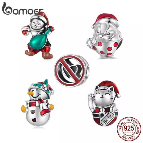 Bamoer 925 Sterling Silver Christmas Collection Santa Claus Bead Snowman Charms for Women Bracelet Christmas Gift Fine Jewelry