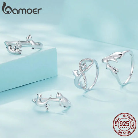 Bamoer 925 Sterling Silver Cute Cat Finger Ring Infinite Symbol Ring for Women Birthday Gift Pave Setting CZ Fine Jewelry SCR918