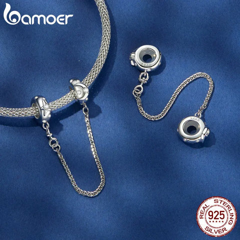 Bamoer 925 Sterling Silve Star and Moon Safety Chain Charms for Women fit Original Silver Bracelet DIY Fine Jewelry Accessories