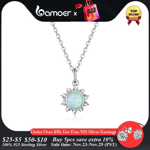 Bamoer 925 Sterling Silver White Opal Sun Pendant Necklace Apollo Chain Necklaces for Women Birthday Gift  Jewelry 17.71''