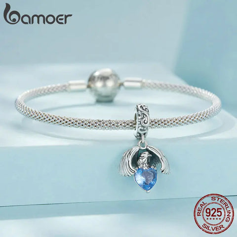 Bamoer 925 Sterling Silver White Eagle Hanging Bead Blue Zircon Pendant Charms for Women Bracelet and Necklace DIY Fine Jewelry