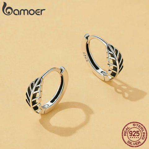 Bamoer 925 Sterling Silver Autumn Leaf Ear Buckles Hollow-out Leaves Hoop Earrings for Women Girls Simple Fine Jewelry