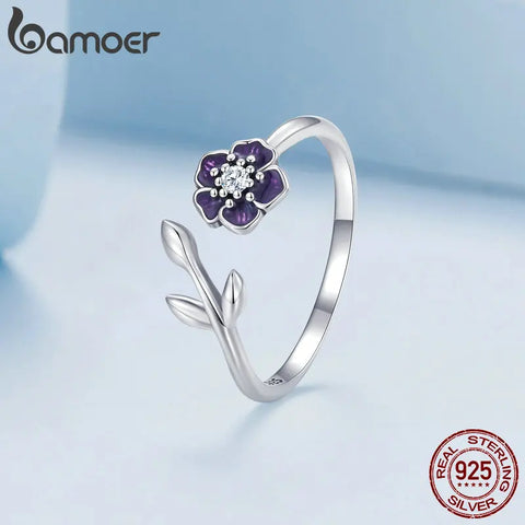 Bamoer 925 Sterling Silver Enamel Purple Flower Adjustable Ring Zircon Opening Ring for Women Birthday Gift Fine Jewelry BSR394
