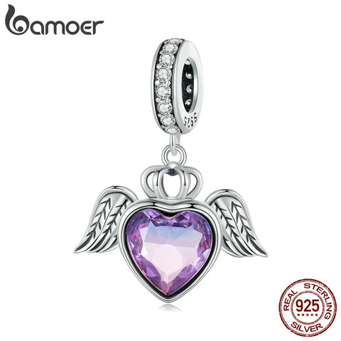 Bamoer 925 Sterling Silver Purple Heart Hanging Beads Guard Wings Pendant  Charms for Women Bracelet Necklace DIY SCC2587