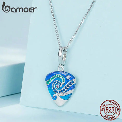 BAMOER Music Gifts 925 Sterling Silver Guitar Plectrum Necklace Blue Enamel Delicate Charm Pendant for Women Teen Girls