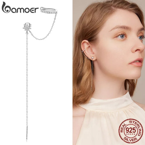 Bamoer 925 Sterling Silver Simple Star Ear Cuff for Women Fine Jewelry Korean Trendy Tassel Ear Studs Wedding Party Gift SCE1450