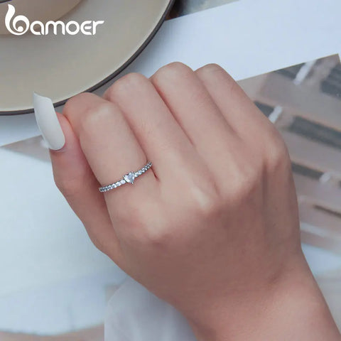 Bamoer Real 925 Sterling Silver Pavé Setting Shiny CZ Heart Ring for Women Fine Jewelry Promise Ring Wedding Gift Party BSR269