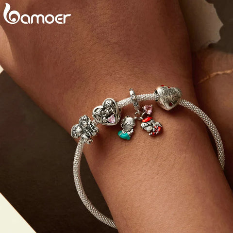 Bamoer 925 Sterling Silver Little Boy & Girl Pendant Charms Heart Shape Beads for Women Bracelet Necklace DIY  Accessories