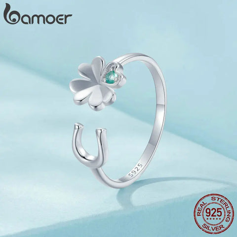 BAMOER 925 Sterling Silver Lucky Four-Leaf Clover Adjustable Ring Horseshoe Opening Ring for Women Original Design Fine Jewelry