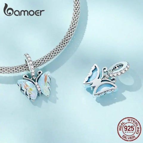 Bamoer 925 Sterling Silver Aurora Butterfly Pendant fit for Women DIY Making Bracelet & Necklace Shiny Charms Jewerly SCC2305