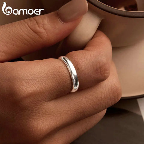 BAMOER 925 Sterling Silver Minimalist Metallic Luster Ring Stackable Simple Finger Ring for Women Hypoallergenic Jewelry Gift
