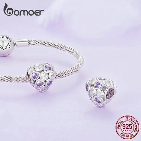Bamoer 925 Sterling Silver Infinite Love Bead Purple Heart Zircon Charms for Women Original Bracelet and Bangle Fine Jewelry