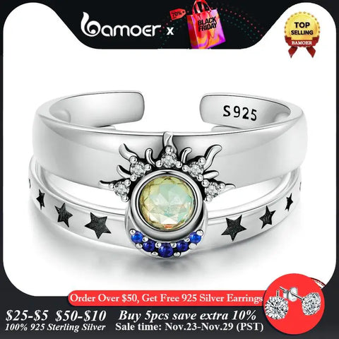 Bamoer 925 Sterling Silver Sun and Moon Stackable Opening Ring Couple Ring for Women Chic Fine Jewelry for Couple