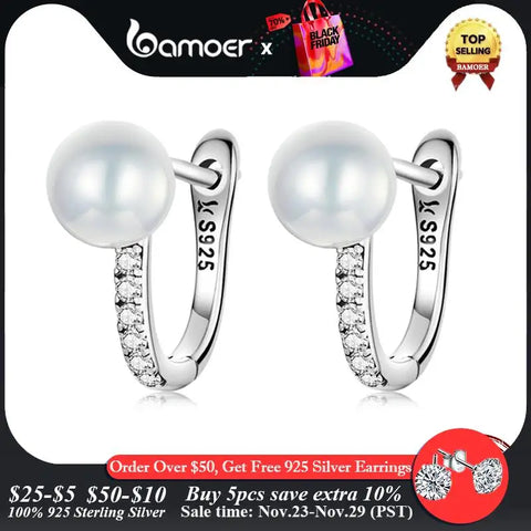 bamoer Luxury 925 Sterling Silver Pearls Ear Buckle Simple Crystal Heart Star Stud Earrings for Women Wedding Jewelry Gift