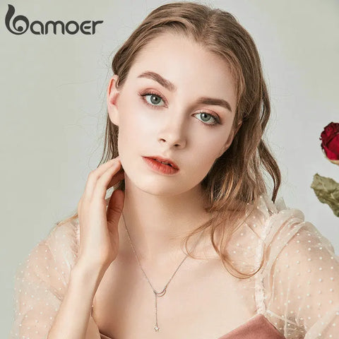 Bamoer 925 Sterling Silver Minimalist Moon and Star Pendant Necklace for Women Engagement Birthday Gift Fine Jewelry SCN108