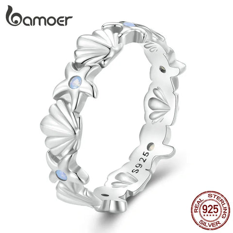 Bamoer 925 Sterling Silver Opal Starfish and Shell Finger Ring Platinum Plated for Women Trendy Fine Jewelry BSR430