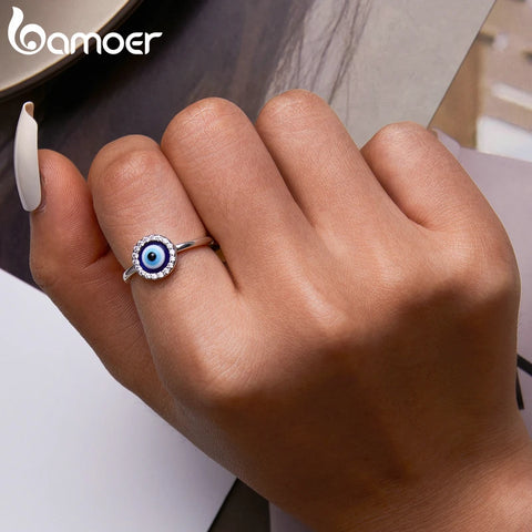 Bamoer 925 Sterling Silver Adjustable Resin Devil Eye Open Ring for Women Original Design Band Ring Fine Jewelry Wedding Gift