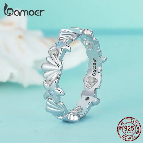 Bamoer 925 Sterling Silver Opal Starfish and Shell Finger Ring Platinum Plated for Women Trendy Fine Jewelry BSR430