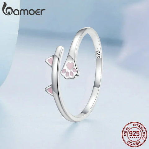 Bamoer 925 Sterling Silver Pink Cat Ears and Paw Opening Ring Cute Pet Simple Adjustable Ring for Women Birthday Gift BSR316