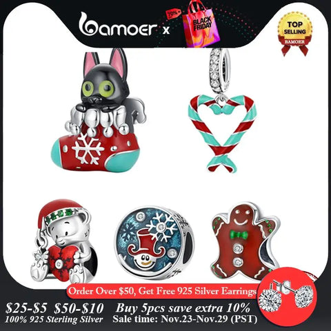 Bamoer 925 Sterling Silver Christmas Stockling Charms Candy Canes Love Pendant Fit for Women Bracelet & Bangle Christmas Gift