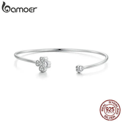 Bamoer 925 Sterling Silver Lucky Four-Leaf Clover Open Bracelet Korean Style Chain Link for Women Birthday Gift BSB134