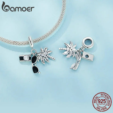 Bamoer 925 Sterling Silver Vacation Travel Pendant Charms for Charm Bracelet Camera Sunglass DIY Jewelry Accessories SCC2557