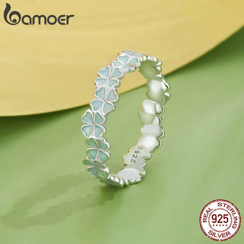 Bamoer 925 Sterling Silver Four-Leaf Clover Ring Mint Green Leaves Vine Ring Fine Jewelry Gift for Women Party
