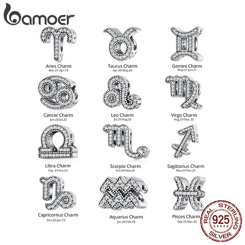 Bamoer 925 Sterling Silver Twelve Constellations Series Beads Taurus Lucky Charms for Women Bracelet & Bangle DIY Fine Jewelry