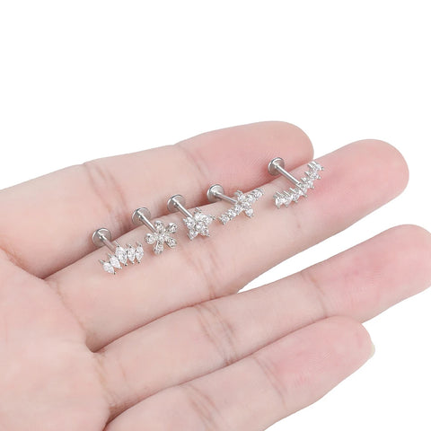 1Pc Stainless Steel Labret Ring Internally Threaded Ear Tragus Crystal Cross Cartilage Ear Stud Helix Piercing Body Jewelry 16G