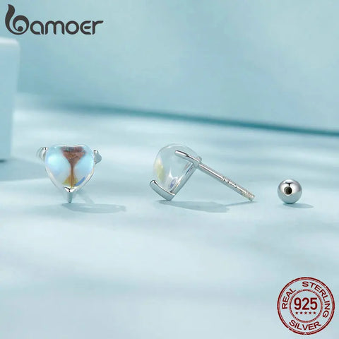 Bamoer 925 Sterling Silver Heart Shape Moonstone Stud Earrings Crystal Love Earrings Platinum Plated for Women Girls SCE1629