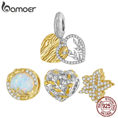 Bamoer 925 Sterling Silver Heart-shaped Leaf Pendant fit for Women DIY Bracelet & Bangle Plated Gold Heart Charms Fine Jewelry
